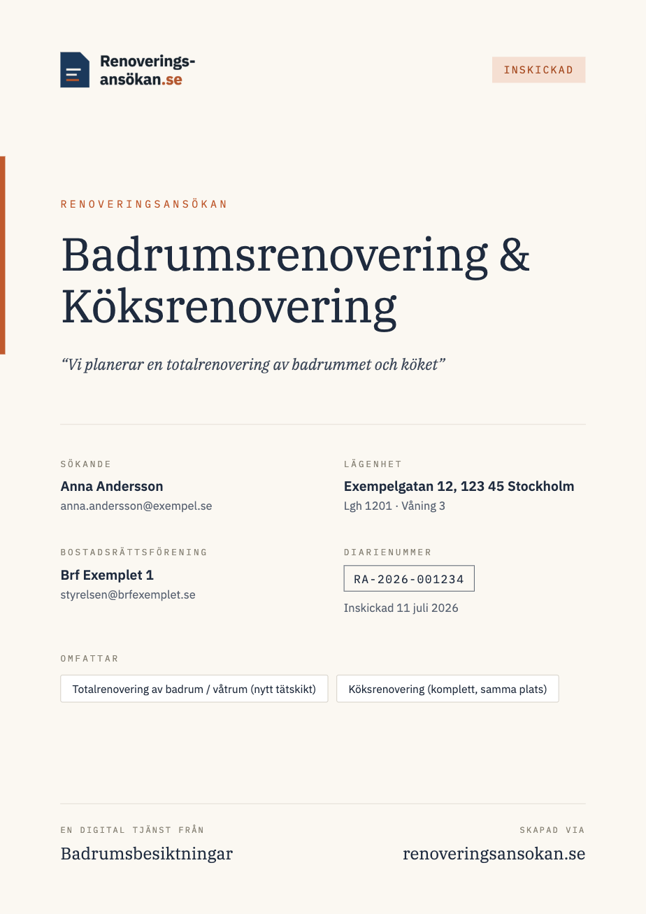 Framsidan av en färdig renoveringsansökan, Badrumsrenovering & Köksrenovering, med stämpeln Inskickad